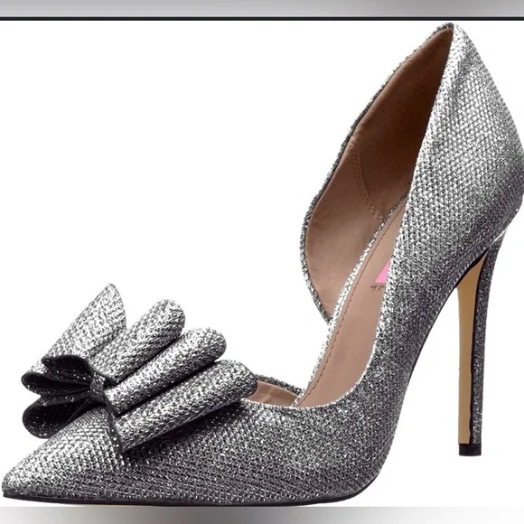 Betsey Johnson Silver Heels with Bow Detail - Picture 1 of 6